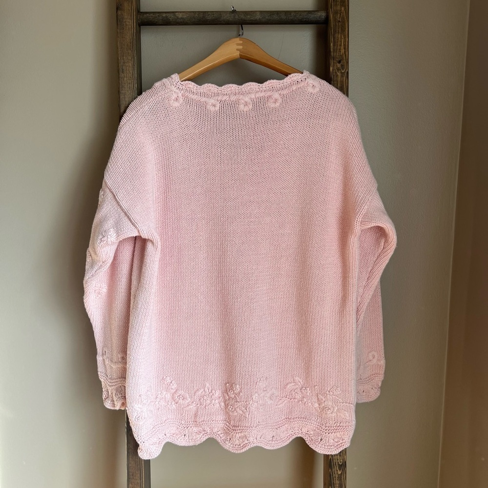 Vintage Heavy Cotton Knit Pink Floral with Embroidered Flowers V‑Neck Sweater - Picture 2 of 8